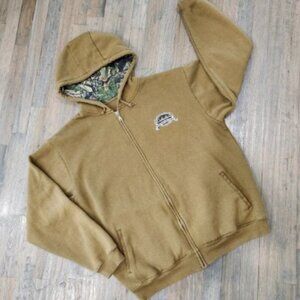 CABELAS Mens XL Khaki Brown 50th Anniversary Full Zip Hoodie Sweatshirt Jacket